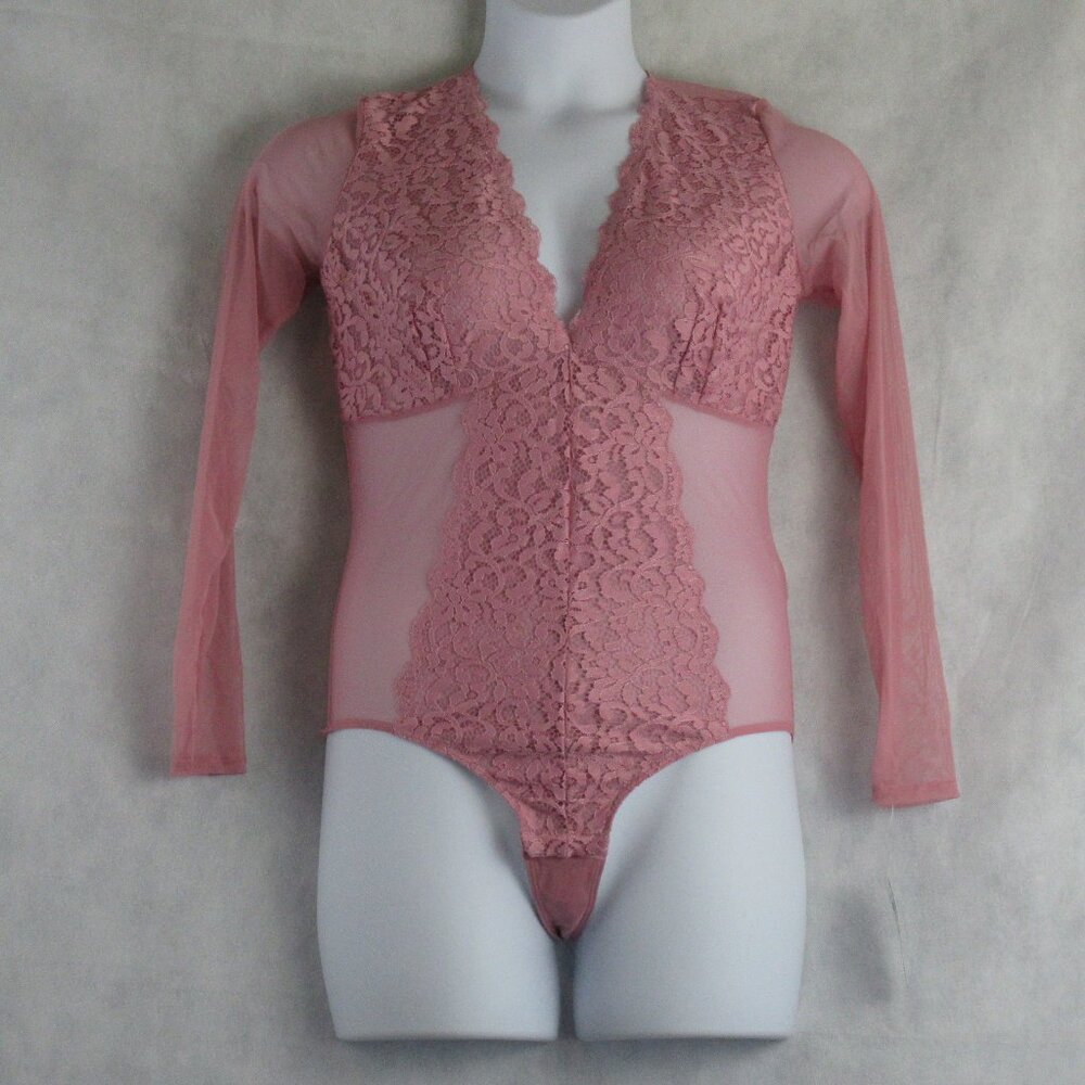 INC Women's Long-Sleeve Lace Mesh Thong Bodysuit, Foxglove Pink, Large
